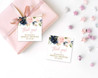 Navy and Blush Square Favor Tags, Printable Bridal Shower Thank yYou Favor Tag Template, Editable, Navy, Blush, Pink, Floral, Gold, VWC78