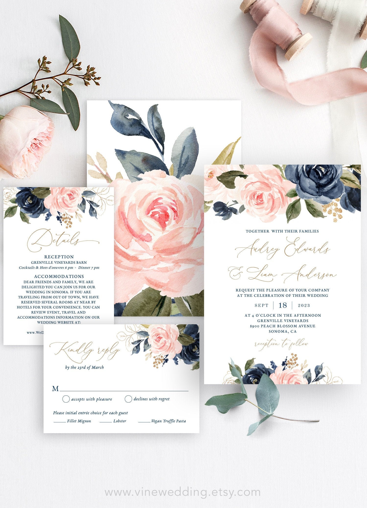 Instant Download Wedding Ariel Floral Wedding Program Printable Floral Wedding Gold Frame Blush Navy Floral Wedding Program Template