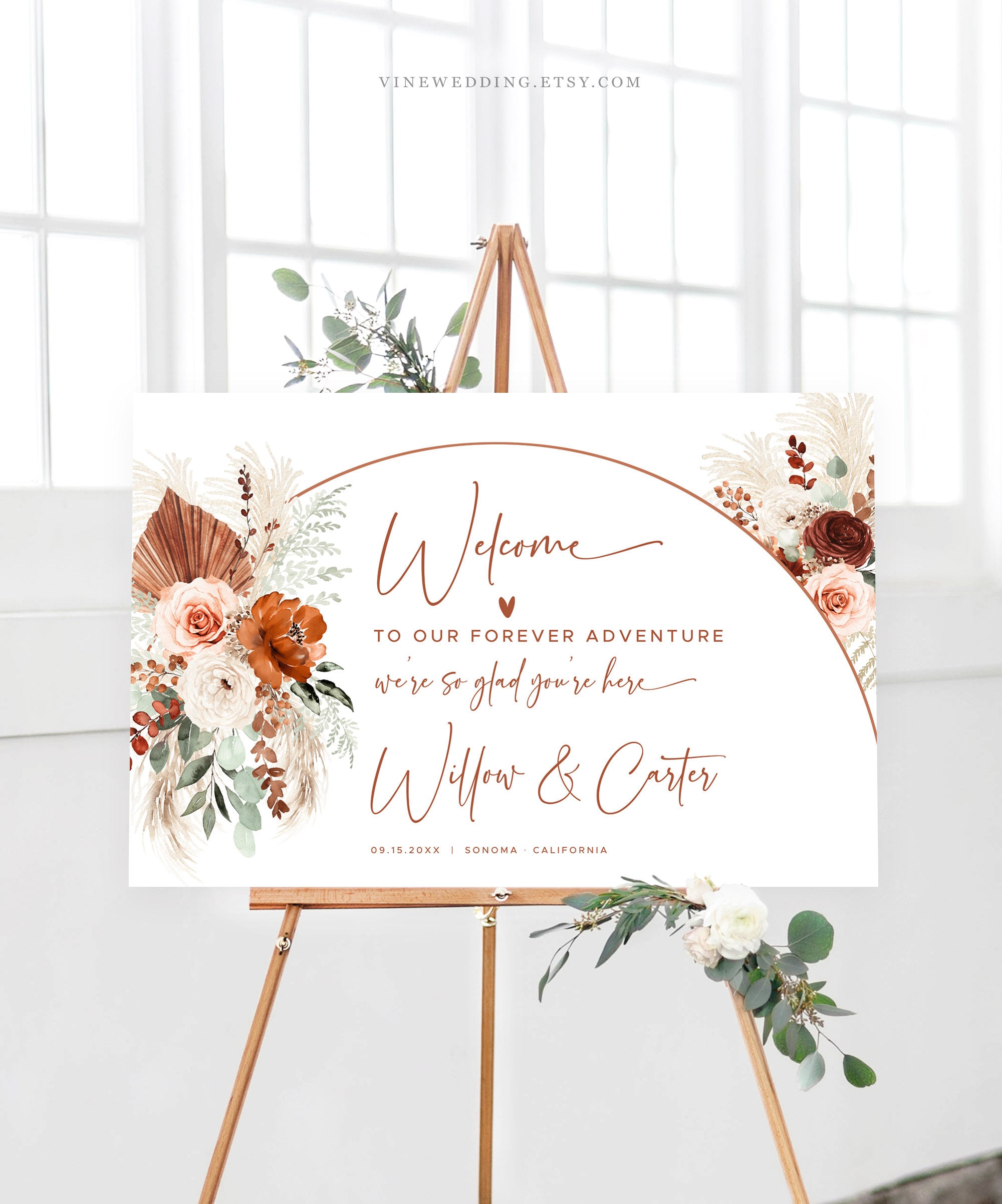 Pampas Wedding Welcome Sign, Editable Wedding Welcome Sign Template, Boho Wedding Sign, Printable, Landscape, Arch, Terracotta, Rust, VWC72