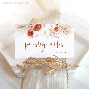 Wedding Place Cards Template, Printable Boho Wedding Place Cards, Folded Tent Style and Flat Escort Cards, Pampas, Floral, VWC70, VWC69