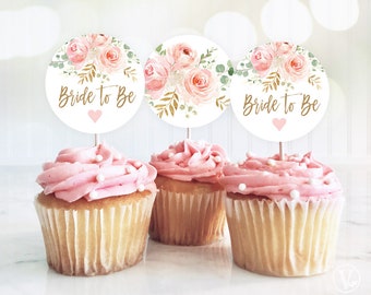 Bride to Be Cupcake Toppers, Printable Bridal Shower Cupcake Toppers, 2-inch, Blush Pink Floral, VWC95