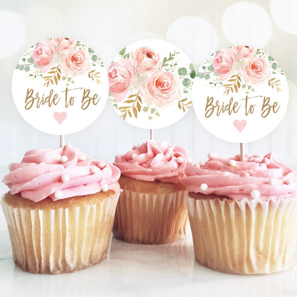 Bride to Be Cupcake Toppers, Printable Bridal Shower Cupcake Toppers, 2-inch, Blush Pink Floral, VWC95