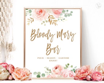 Bloody Mary Bar Sign, Printable Bloody Mary Bar Sign, Bridal Shower Sign, Blush Pink Floral, Gold, VWC95