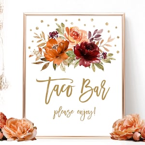 Taco Bar Sign, Printable Taco Bar Sign, Bridal Shower, Wedding, DIY, Fall, Autumn, Sienna, Burnt Orange, Floral, Gold, VWC76