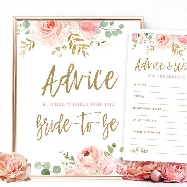 Advice & Well Wishes for the Bride-to-Be Sign and Notecards, Printable Bridal Shower Sign and Note Card,  Floral, Blush Pink, Gold, VWC95