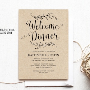 Welcome Dinner Invitation Template, Printable Wedding Welcome Dinner Invitation Card, Editable, Rustic, Kraft, Vintage, VW01