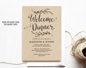 Welcome Dinner Invitation Template, Printable Wedding Welcome Dinner Invitation Card, Editable, Rustic, Kraft, Vintage, VW01