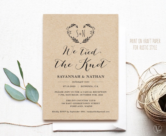 We Tied the Knot, Editable Wedding Reception Party Invitation Template,  Elopement, Printable, Card, Rustic, Kraft, Heart Wreath, VW08 