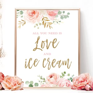All You Need is Love and Ice Cream Sign, Printable All You Need is Love and Ice Cream Sign, Bridal Shower Sign, Blush Pink Floral, VWC95