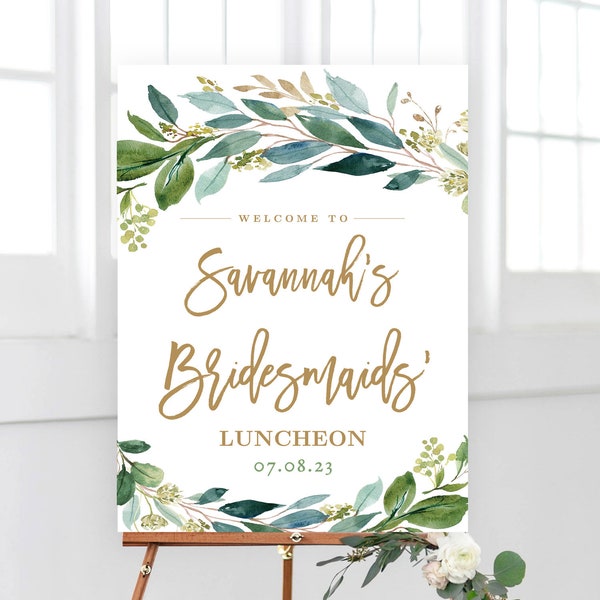 Bridesmaids' Luncheon Welcome Sign, Greenery, Printable Bridesmaids Luncheon Sign Template, Editable, Boho, Gold, Spring, Leaves, VWC79