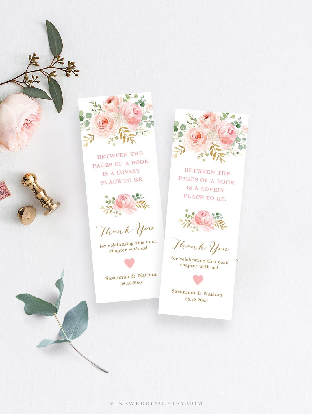 Editable Wedding Bookmark Favors, Blush Pink Floral DIY Bookmark Favor ...
