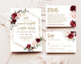 Könnte beinhalten: Hochzeitseinladung mit einem goldenen geometrischen Rahmen und floralem Design. Die Einladung zeigt burgunderrote und blushfarbene Blumen mit Grün. Der Text lautet "Gemeinsam mit ihren Familien Savannah Westfield & Nathan Richards bitten um die Ehre Ihrer Gesellschaft zur Feier ihrer Hochzeit Sept 18 20XX um 16 Uhr Grenville Vineyards 8000 Peach Blossom Avenue Sonoma, CA Empfang im Anschluss".