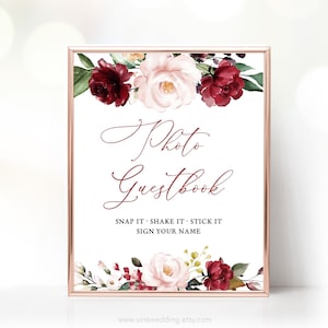 Photo Guestbook Sign, Printable Wedding Photo Guest Book Sign Template, 8x10 Wedding Sign, Fall, Burgundy Pink Floral, VWT14