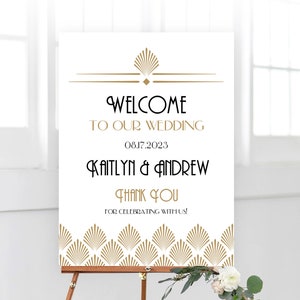 Gatsby Art Deco Wedding Welcome Sign, Editable Wedding Welcome Sign Template, Printable, 18x24, 24x36, Gold, Art Deco Shell, VW46