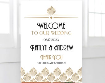 Gatsby Art Deco Wedding Welcome Sign, Editable Wedding Welcome Sign Template, Printable, 18x24, 24x36, Gold, Art Deco Shell, VW46