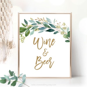 Wine & Beer Sign, Printable Bridal Shower Wine and Beer Bar Sign, Boho Greenery, Foliage, Rustic, VWC79