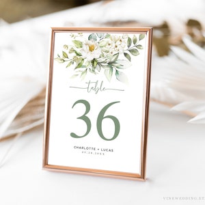 Wedding Table Number Template, Editable Wedding Table Numbers, Printable Table Number Card, Greenery, Sage, White Floral, 5x7 and 4x6, VWC66