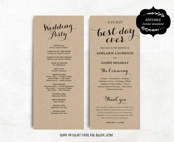 Printable Wedding Program Template Kraft Paper Wedding Etsy
