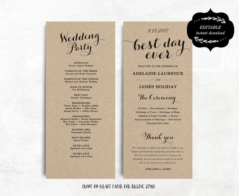 Printable Wedding Program Template Kraft Paper Wedding Etsy