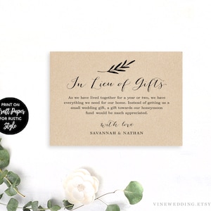 In Lieu of Gifts Card Template, Printable In Lieu of Gifts Card, EDITABLE Text, Kraft, Rustic, Heart Wreath, VW08