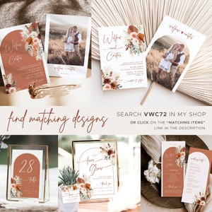 Puede incluir: Un conjunto de papeler&iacute;a de boda con un tema boho. La invitaci&oacute;n presenta un fondo de terracota con un arco floral y el texto "Willow and Carter". La tarjeta de n&uacute;mero de mesa presenta un fondo de terracota con un arco floral y el texto "28 Table". El letrero presenta un fondo de terracota con un arco floral y el texto "Let Love Grow".