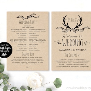 Editable Wedding Program Template, Printable Rustic Wedding Program, 5x7, DIY, Kraft, Floral Antler, VW19
