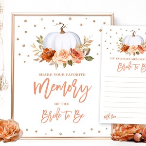 Favorite Memory of the Bride to Be Sign and Note Cards, Printable Bridal Shower Game, Fall, Autumn, Pumpkin, Floral, Gold, VWC75