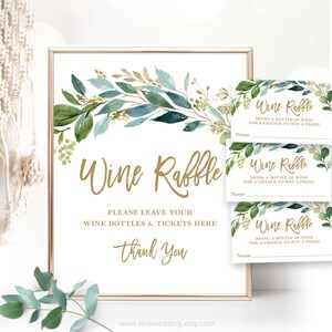 Wine Raffle Sign and Tickets, Printable Game Sign and Answer Cards, Bridal Shower Game, Boho Greenery, Rustic, Gold, VWC79