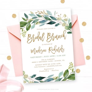 Bridal Brunch Invitation Template, Editable, Printable Bridal Brunch Invitation, Boho Greenery, Gold, Rustic, Leaves VWC79