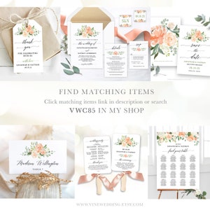 Peach Floral Wedding Program Fan Template, Printable Fan Wedding Programs, DIY Wedding Fans, Editable text, Peach Blush, VWC85 image 3