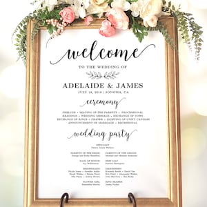 May include: A black and white wedding ceremony order of service with the names Adelaide & James and the date 15 July 2018. The program lists the order of events for the ceremony and the names of the wedding party.