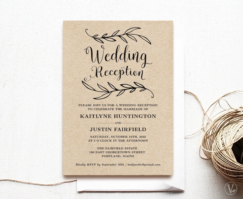 Wedding Reception Invitation Template, Rustic Wedding Reception Invitation Card, Kraft, Vintage, VW01 image 1