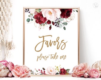 Favors Sign, Burgundy Pink Floral, Printable Favors Sign, Bridal Shower Favors Sign, Floral, Plum, Blush, Gold, VWC83