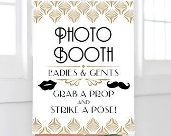 Gatsby Art Deco Wedding Photo Booth Sign, Editable Photo Booth Sign Template, Printable, 18x24, 24x36, Gold, Art Deco Shell, VW46