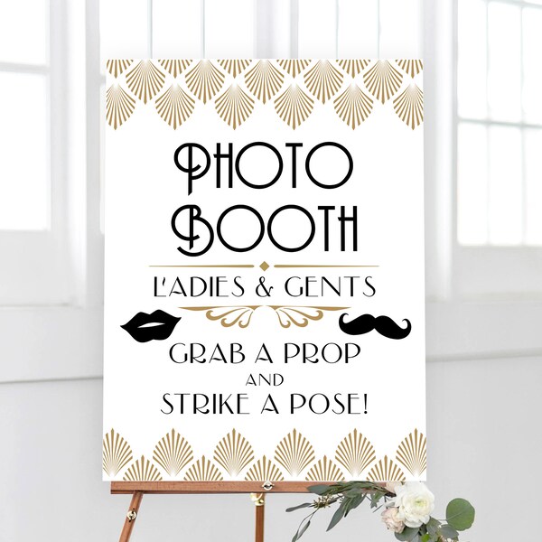 Gatsby Art Deco Wedding Photo Booth Sign, Editable Photo Booth Sign Template, Printable, 18x24, 24x36, Gold, Art Deco Shell, VW46