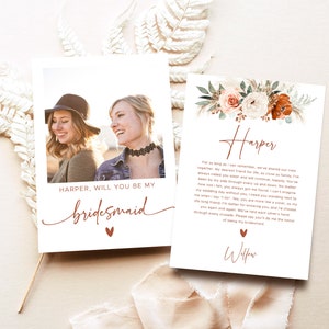 Editable Bridesmaid Proposal Card Template, Photo Bridesmaid Proposal Card, Pampas, Floral, Rust, Terracotta, VWC72