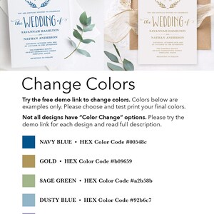 May include: A wedding invitation template with a gold heart wreath and the text "the wedding of" in a script font. The invitation is customizable with different color options, including navy blue, gold, sage green, dusty blue, and lavender. The text "Change Colors" is displayed below the invitation.