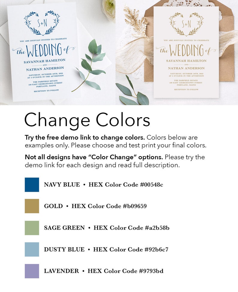May include: A wedding invitation template with a gold heart wreath and the text "the wedding of" in a script font. The invitation is customizable with different color options, including navy blue, gold, sage green, dusty blue, and lavender. The text "Change Colors" is displayed below the invitation.