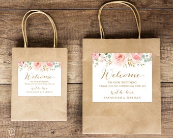 Welcome Bag Label, Printable Wedding Welcome Bag or Box Labels Template, Editable Text, Blush Pink Floral, VWC94