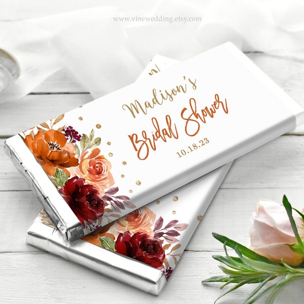 Printable Chocolate Bar Wrapper, Editable, Bridal Shower Candy Wrapper Template, Fall, Autumn, Sienna, Burnt Orange, Floral, Gold, VWC76