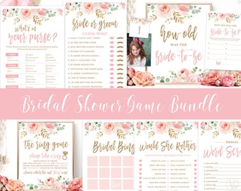Bridal Shower Game Bundle One, Printable Blush Pink Floral Bridal Shower Games, Eight Fun Bridal Party Games, Blush, Pink, Gold, VWC95
