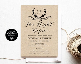 Editable Wedding Rehearsal Dinner Invitation Template, Printable The Night Before Invitation Card, DIY, Kraft , Floral Antler, VW19