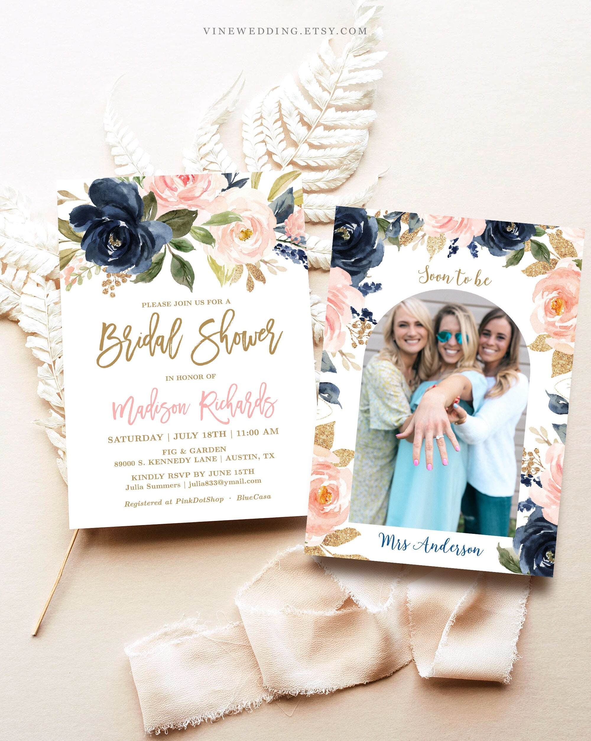 Navy and Blush Bridal Shower Invitation Template, Editable Bridal Shower  Invitation, Printable, Boho, Navy, Pink, Floral, VWC78 - Etsy, image size:2000x2508