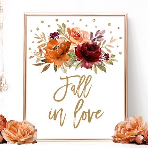 Fall in Love Sign, Printable Autumn Table Decor Sign, Bridal Shower, Wedding, Fall, Autumn, Sienna, Burnt Orange, Floral, VWC76, VWC74