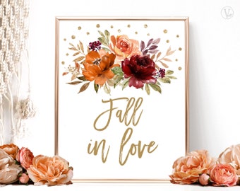 Fall in Love Sign, Printable Autumn Table Decor Sign, Bridal Shower, Wedding, Fall, Autumn, Sienna, Burnt Orange, Floral, VWC76, VWC74