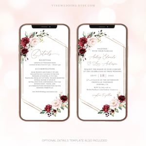 Digital Wedding Invitation, Electronic Wedding Invitation Template, Editable, Burgundy Pink, Marsala, Plum, Wine, Floral, VWT14