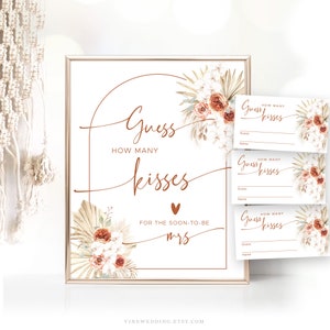 Guess How Many Kisses are in the Jar Bridal Shower Game Sign and Answer Cards, Editable, Printable, Boho, Arch, Palm, Pampas, Rust, VWC69