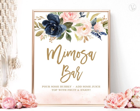 Navy and Blush Floral Mimosa Bar Printable Sign INSTANT 