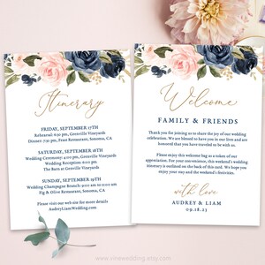 Wedding Welcome Bag Note and Itinerary, Printable Wedding Welcome Bag Letter Template, Navy and Blush, Pink, Floral, VWT13