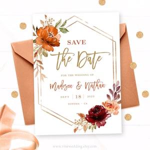 Fall Save the Date Card, Editable Save the Date Template, Printable, Burnt Orange, Sienna, Rust, Burgundy, Autumn Floral, VWC74